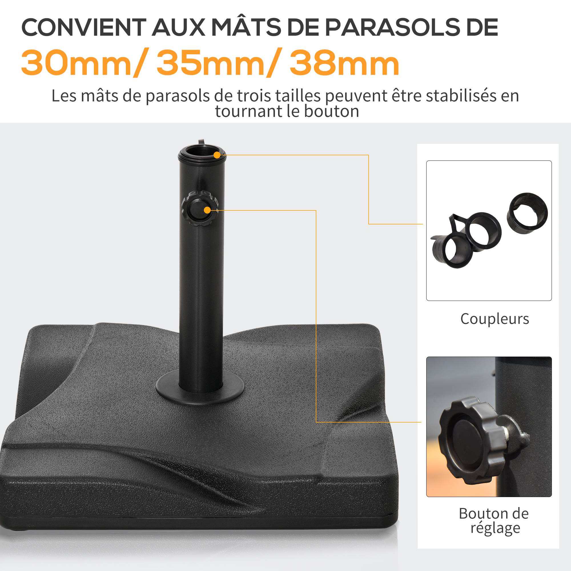 Outsunny - Base de lestage pour parasol carré dim. 41,5x41,5x33cm poids net 20kg HDPE ciment noir - OUTSUNNY - Image 6