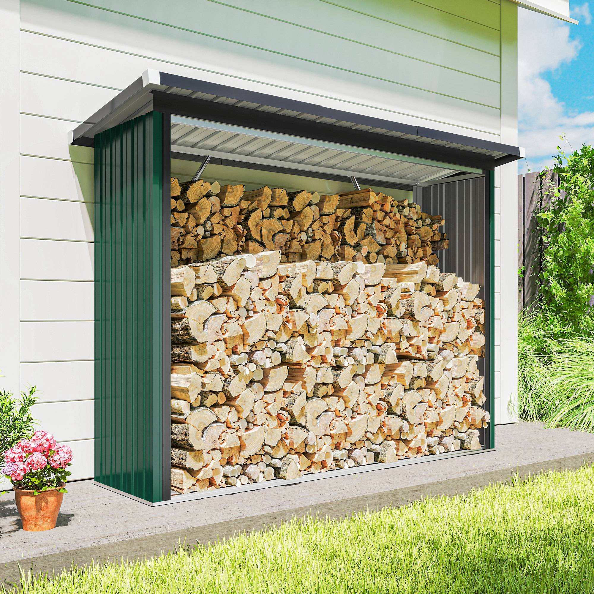 Abri-Bûches Extérieur Acier Galvanisé Rangement Bois Chauffage Toit 213x66x150cm Vert - ComfortXL Outdoor Living - Image 10
