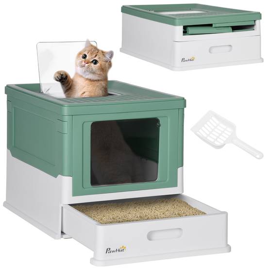 Litière fermée pour chats avec pelle, bac amovible et 2 portes, 47,5x35,5x36,7cm, vert - Image 1