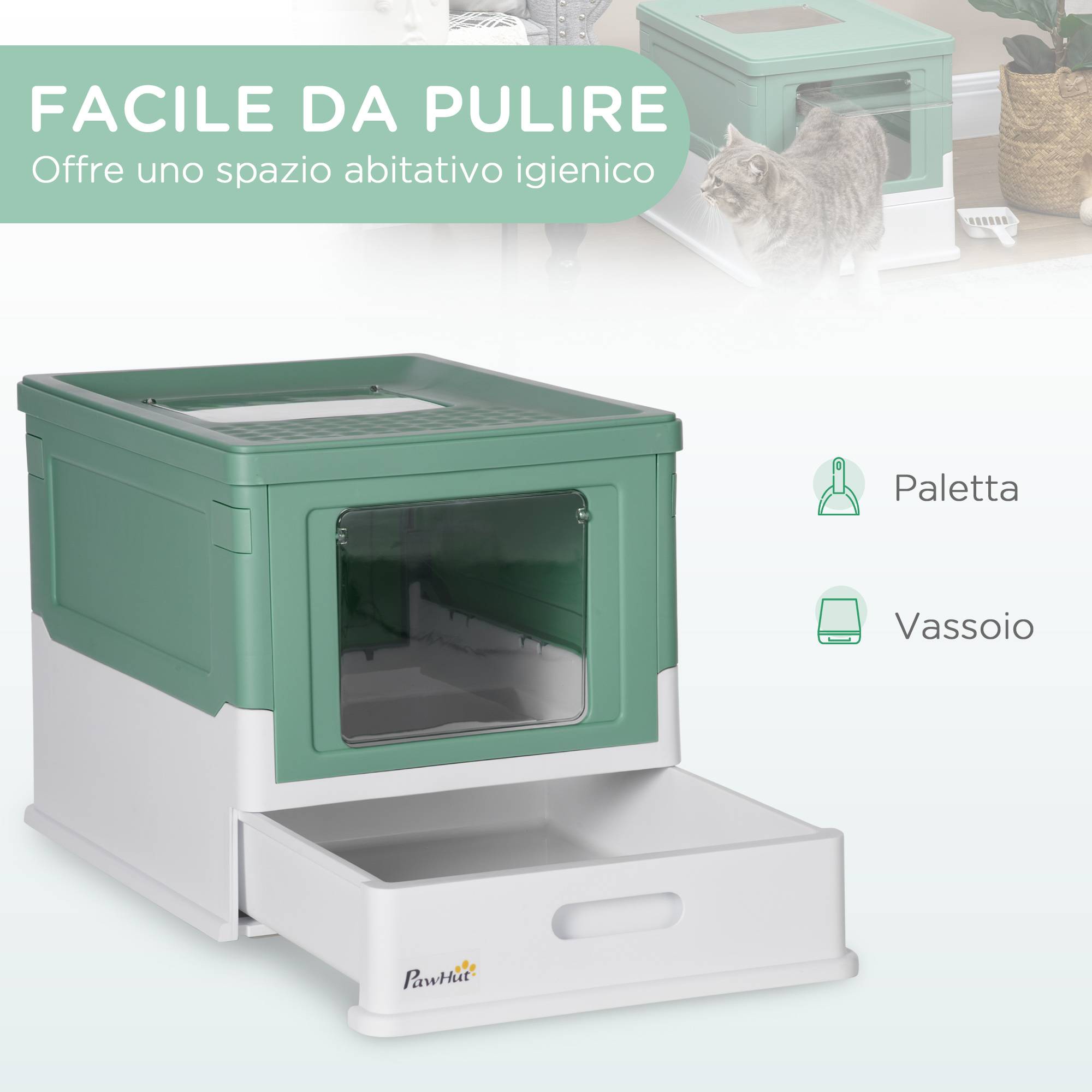 Litière fermée pour chats avec pelle, bac amovible et 2 portes, 47,5x35,5x36,7cm, vert - Image 6