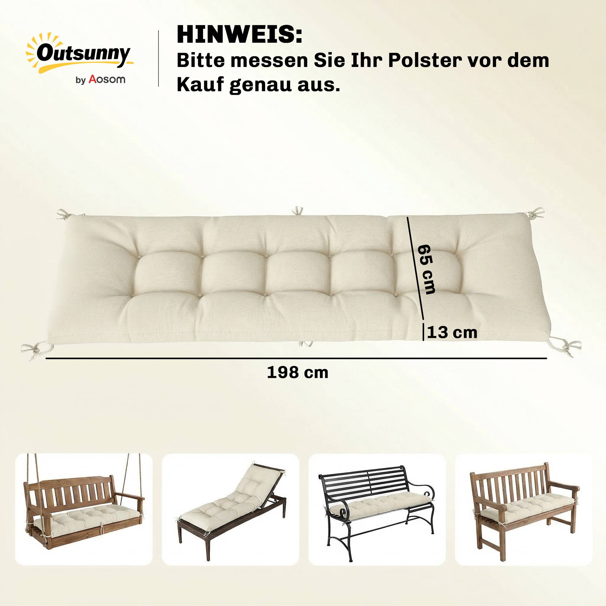 Coussin de palette amovible avec sangles de fixation, compatible avec la plupart des chaises longues, 198 x 65 x 13 cm, beige - Image 5