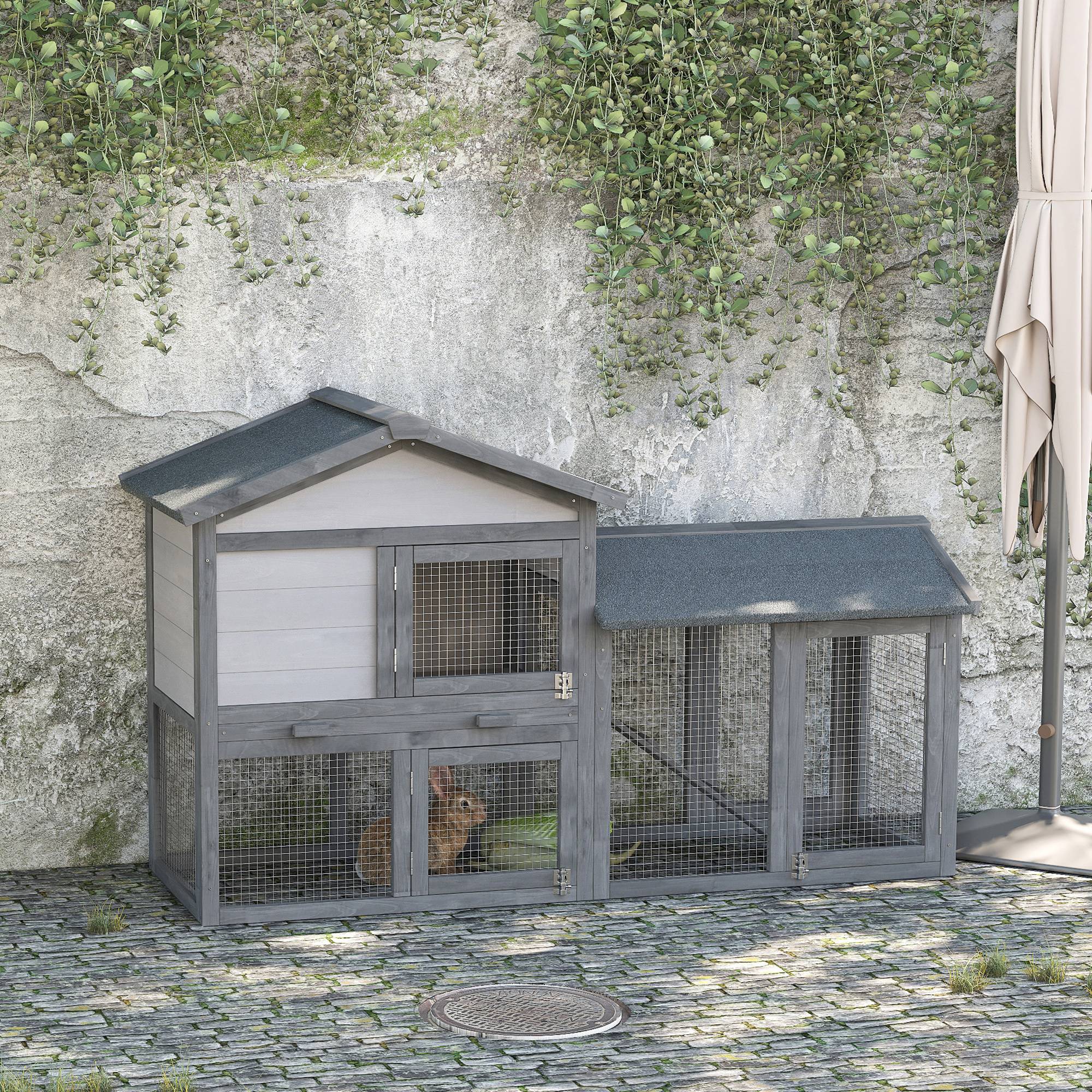 Grand clapier à lapins bois extérieur 2 niveaux avec enclos intégré gris - ComfortXL Outdoor Living - Image 10