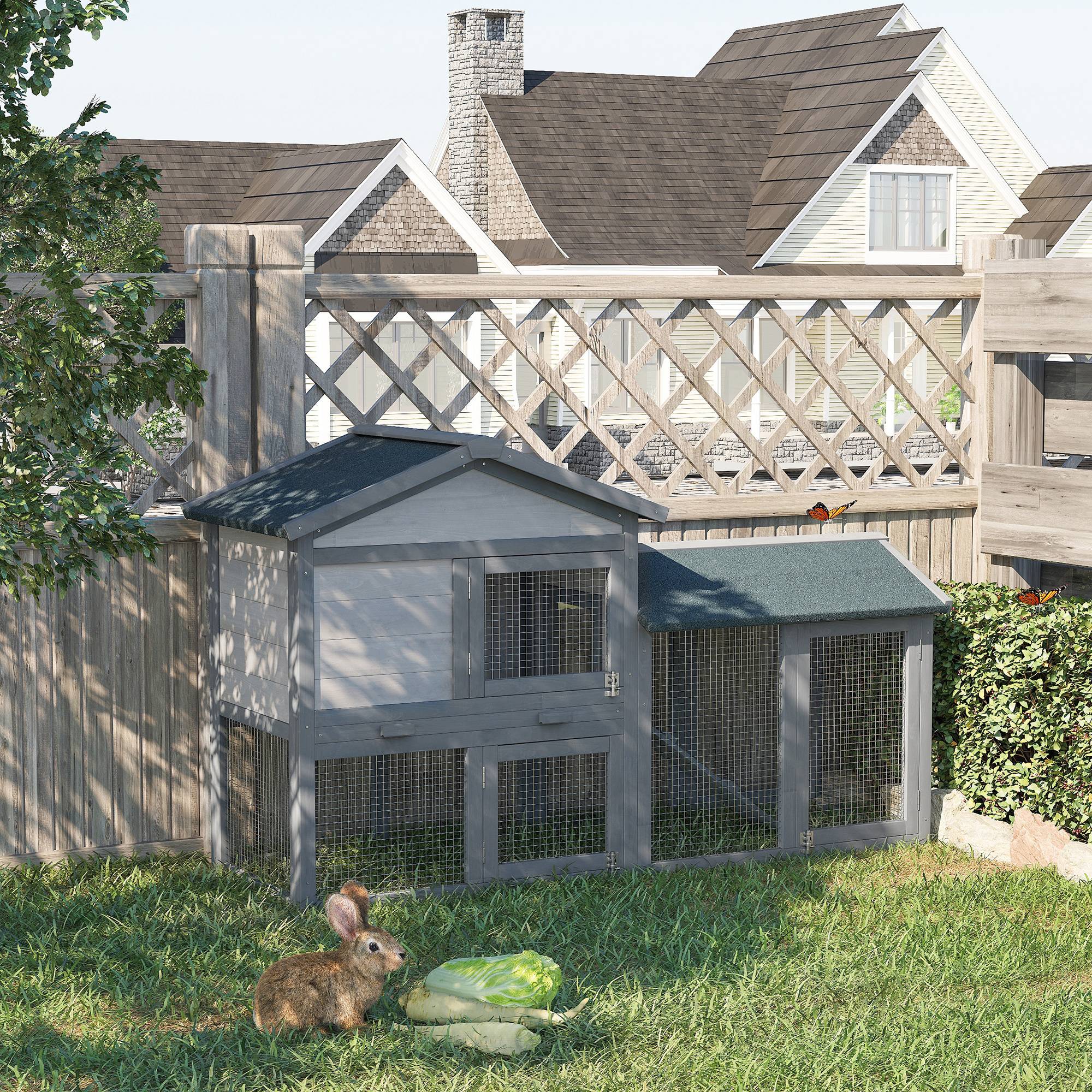 Grand clapier à lapins bois extérieur 2 niveaux avec enclos intégré gris - ComfortXL Outdoor Living - Image 3