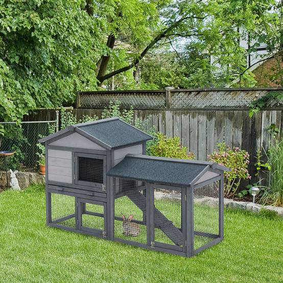 Grand clapier à lapins bois extérieur 2 niveaux avec enclos intégré gris - ComfortXL Outdoor Living - Image 4