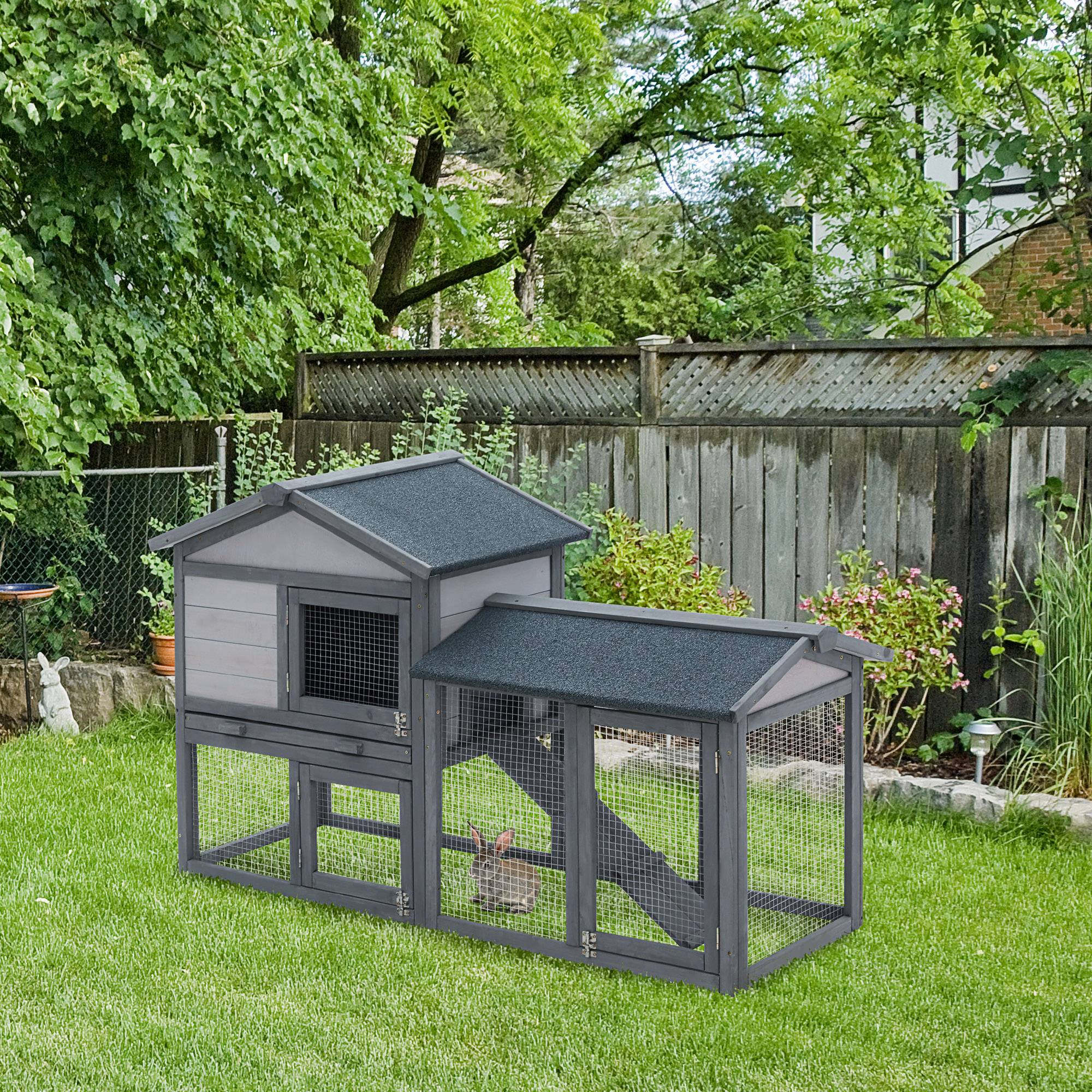 Grand clapier à lapins bois extérieur 2 niveaux avec enclos intégré gris - ComfortXL Outdoor Living - Image 4