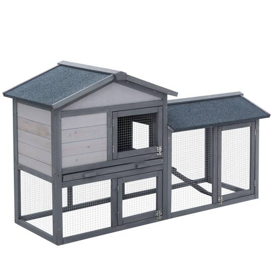 Grand clapier à lapins bois extérieur 2 niveaux avec enclos intégré gris - ComfortXL Outdoor Living - Image 1