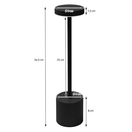 Lampe de table LED Ø8x34,5cm noire 3 couleurs d'intensité réglables capteur tactile batterie rechargeable USB-C éclairage de bureau autonomie longue - Image 7
