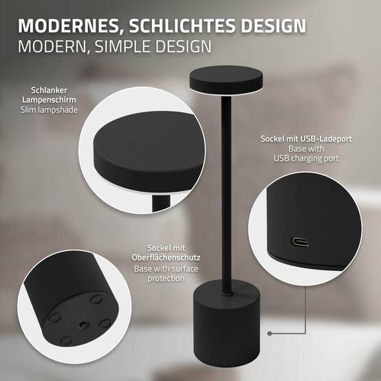 Lampe de table LED Ø8x34,5cm noire 3 couleurs d'intensité réglables capteur tactile batterie rechargeable USB-C éclairage de bureau autonomie longue - Image 3
