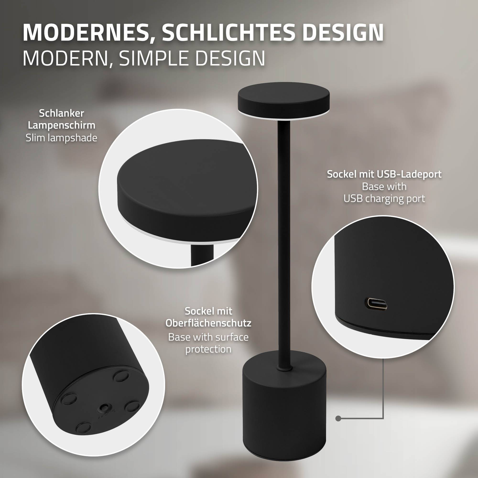 Lampe de table LED Ø8x34,5cm noire 3 couleurs d'intensité réglables capteur tactile batterie rechargeable USB-C éclairage de bureau autonomie longue - Image 3