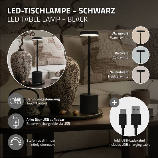 Lampe de table LED Ø8x34,5cm noire 3 couleurs d'intensité réglables capteur tactile batterie rechargeable USB-C éclairage de bureau autonomie longue - Image 2