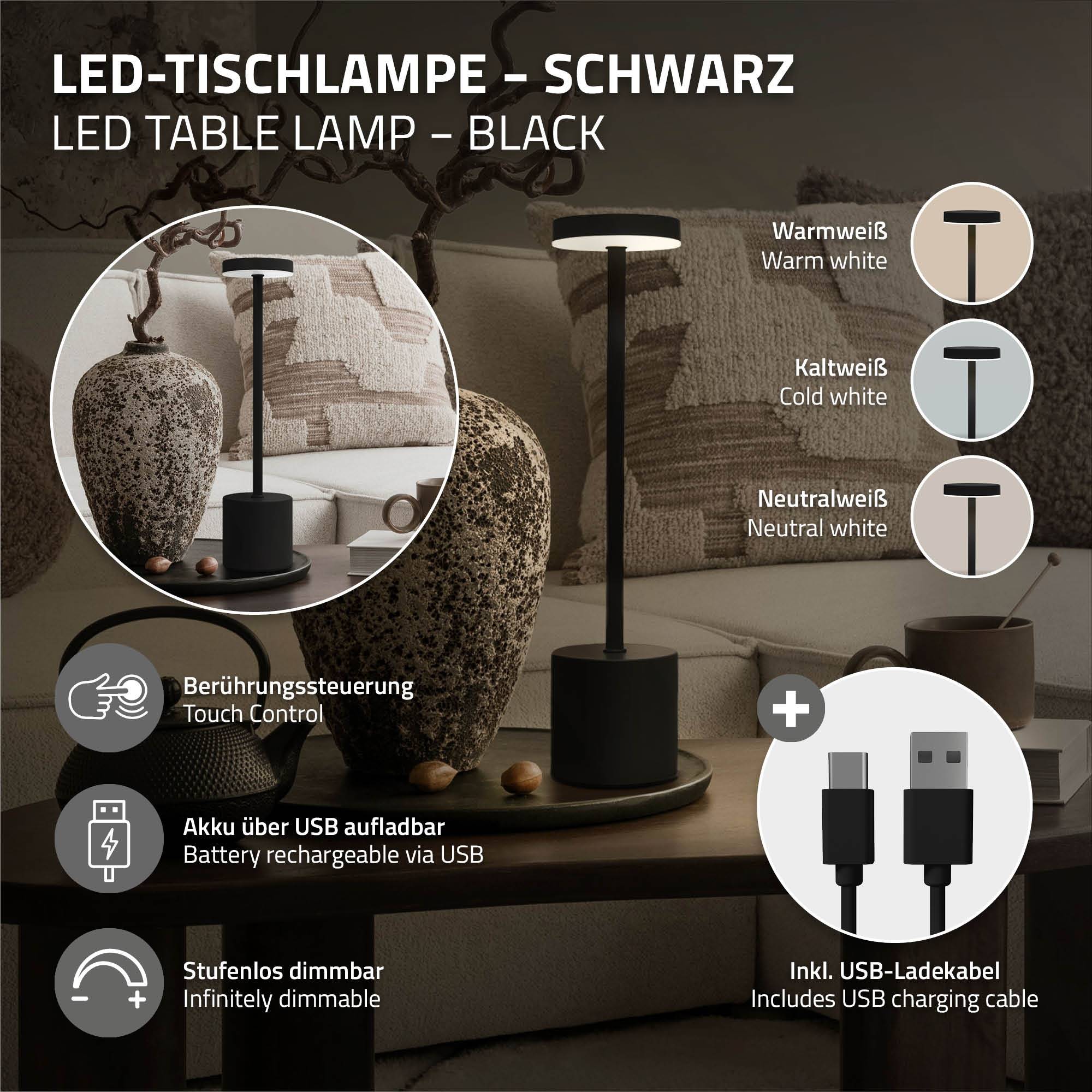 Lampe de table LED Ø8x34,5cm noire 3 couleurs d'intensité réglables capteur tactile batterie rechargeable USB-C éclairage de bureau autonomie longue - Image 2