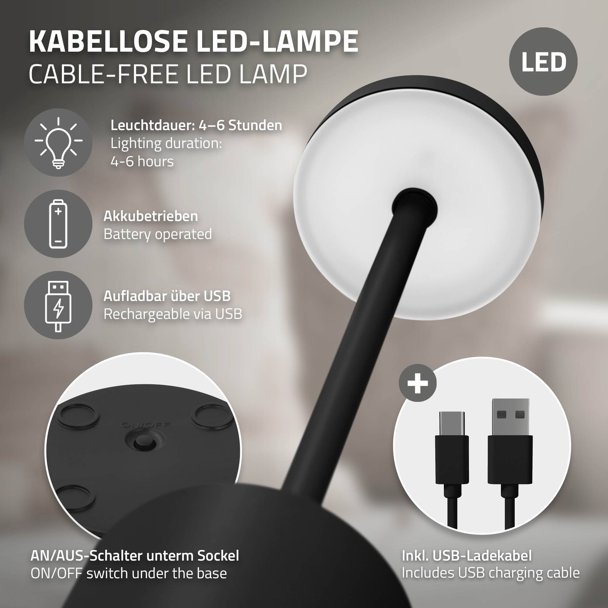 Lampe de table LED Ø8x34,5cm noire 3 couleurs d'intensité réglables capteur tactile batterie rechargeable USB-C éclairage de bureau autonomie longue - Image 4