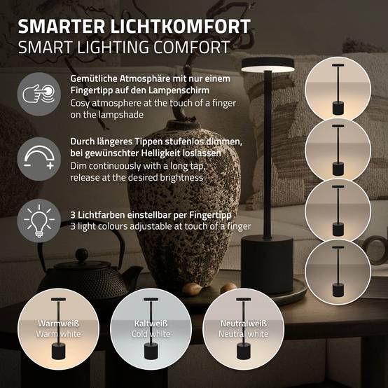 Lampe de table LED Ø8x34,5cm noire 3 couleurs d'intensité réglables capteur tactile batterie rechargeable USB-C éclairage de bureau autonomie longue - Image 5