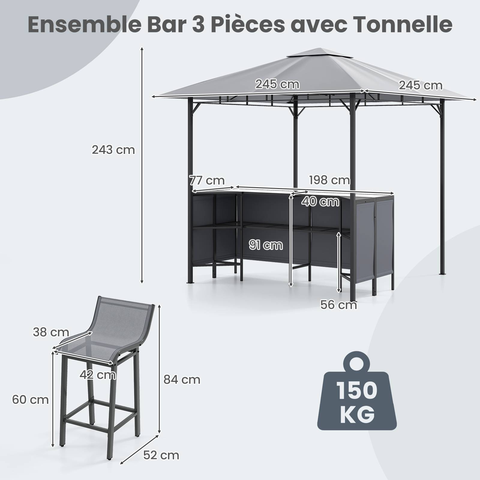 Tonnelle de Bar de Patio en 3 Pièces 245 x 245 CM avec 2 Tabourets de Bar, Abri Barbecue Double Toit Table de Bar Porte-Verres à Vin, Gris - Image 4