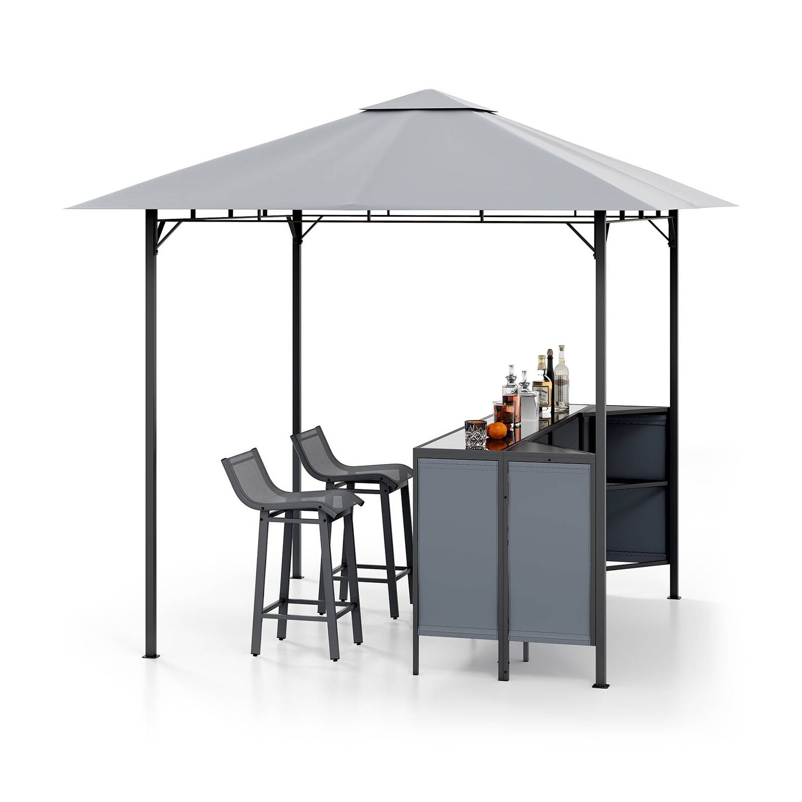 Tonnelle de Bar de Patio en 3 Pièces 245 x 245 CM avec 2 Tabourets de Bar, Abri Barbecue Double Toit Table de Bar Porte-Verres à Vin, Gris - Image 1