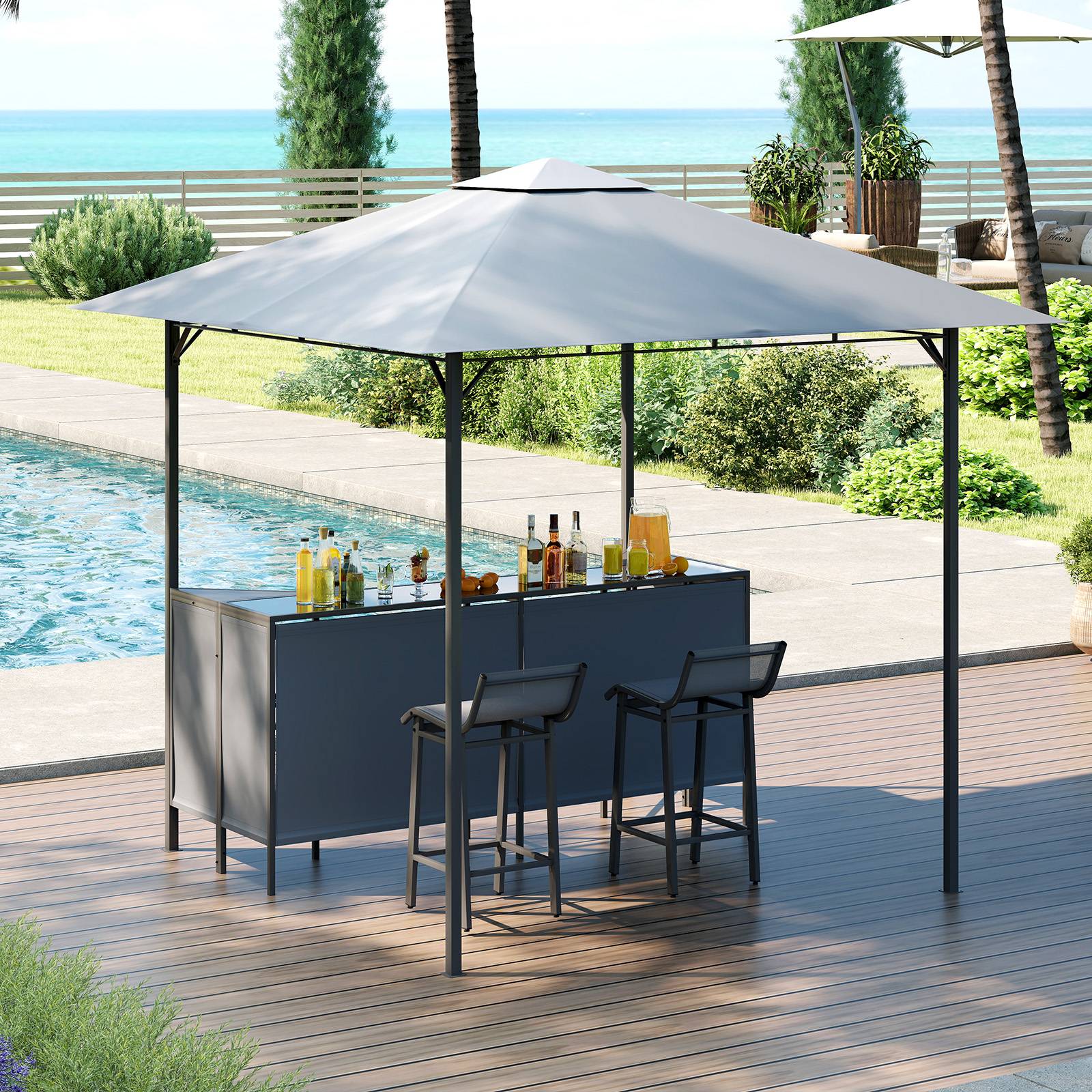 Tonnelle de Bar de Patio en 3 Pièces 245 x 245 CM avec 2 Tabourets de Bar, Abri Barbecue Double Toit Table de Bar Porte-Verres à Vin, Gris - Image 3