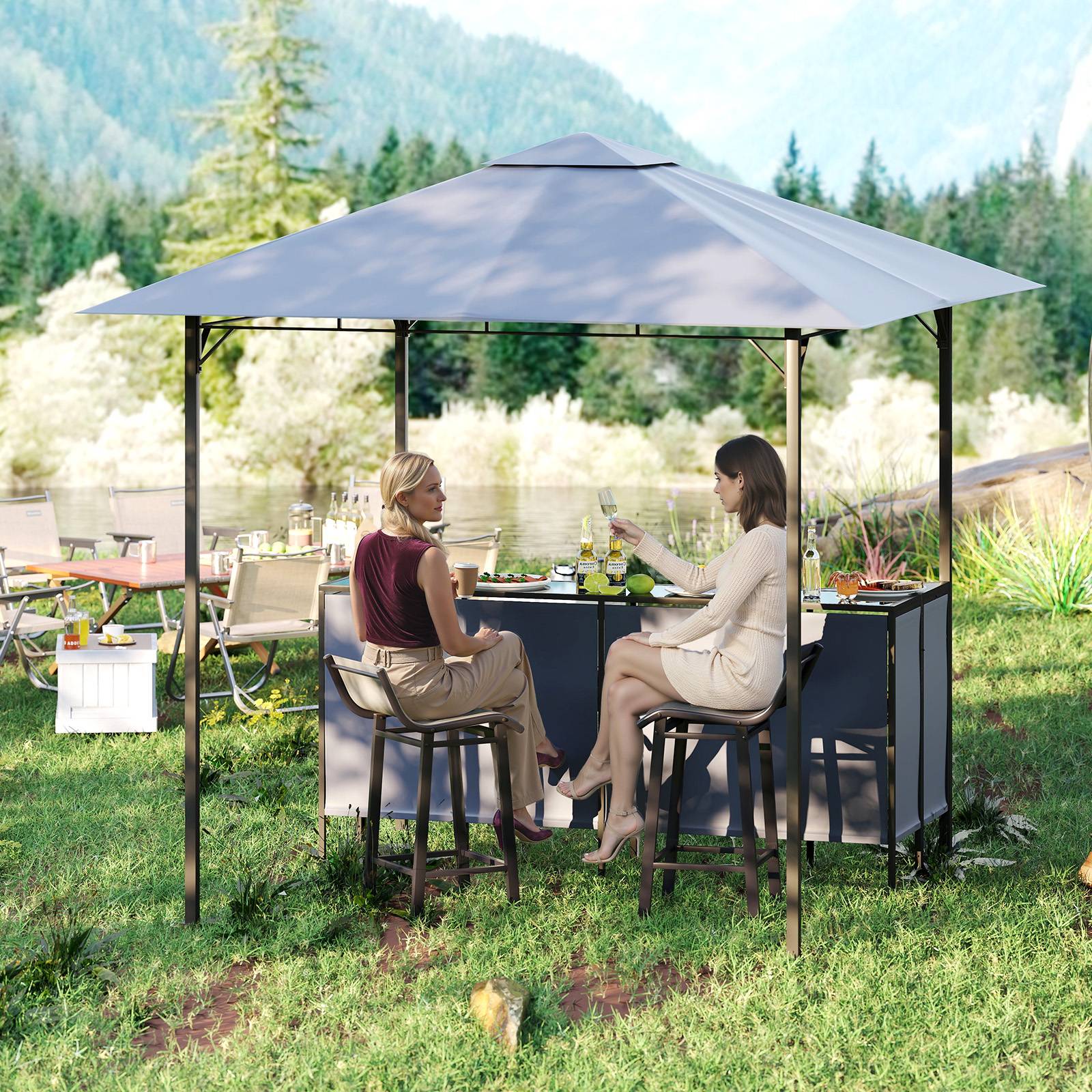 Tonnelle de Bar de Patio en 3 Pièces 245 x 245 CM avec 2 Tabourets de Bar, Abri Barbecue Double Toit Table de Bar Porte-Verres à Vin, Gris - Image 2