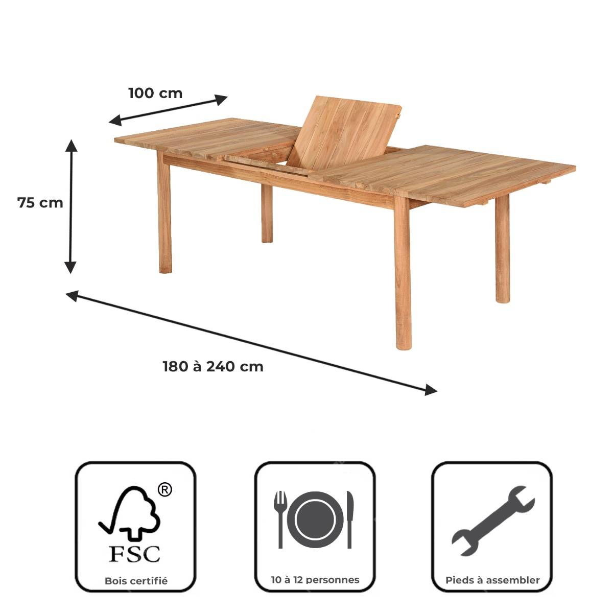 Table de jardin extensible rectangulaire teck massif 180/240 cm Auckland - TECK'Attitude - Image 9