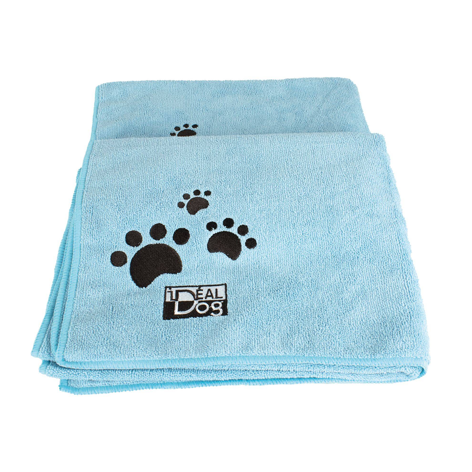 Lot de 2 serviettes Microfibre bleues pattes grises - Grand modèle IDEALDOG