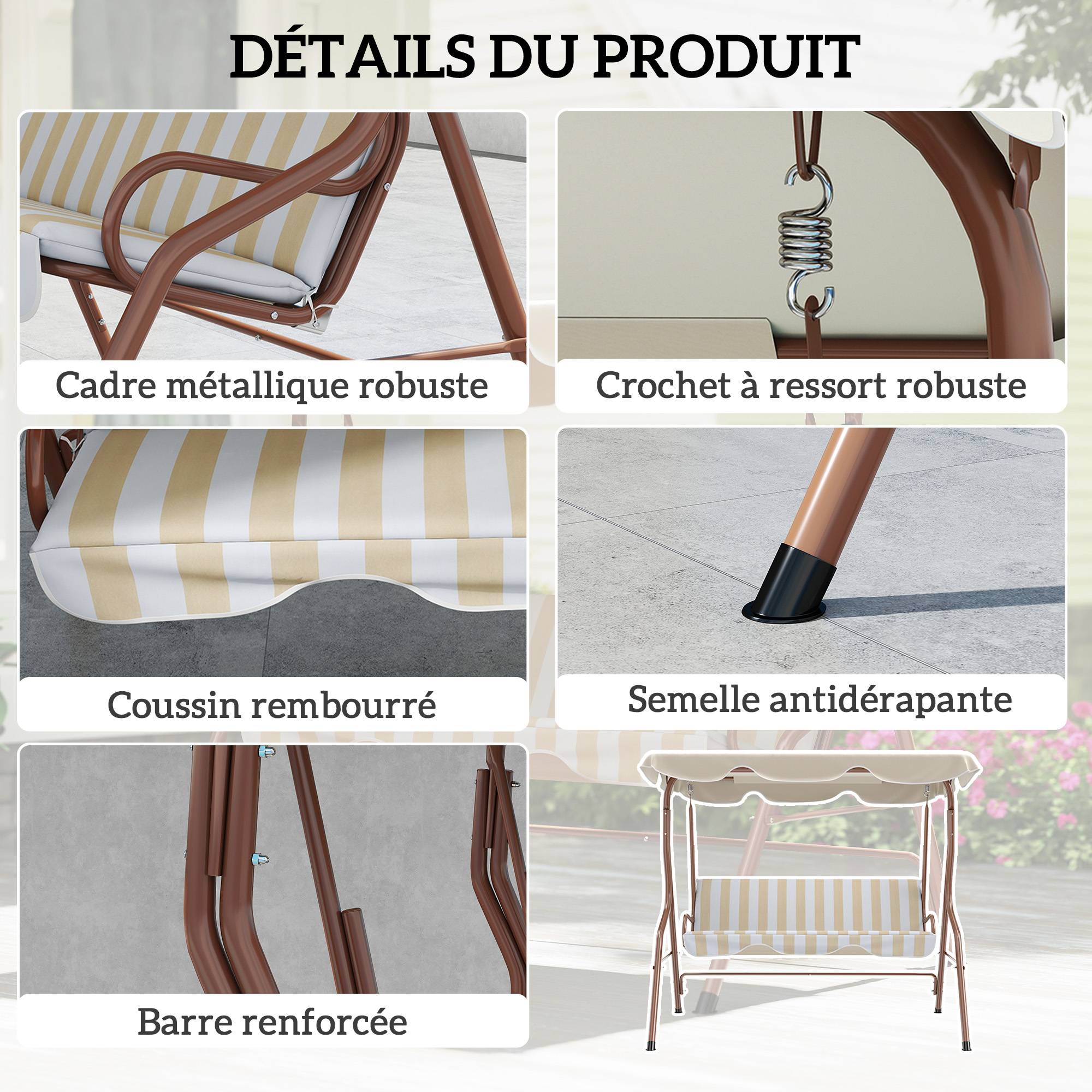Balancelle de Jardin 3 Places Métal Terrasse Toit Inclinable Marron - ComfortXL Outdoor Living - Image 7