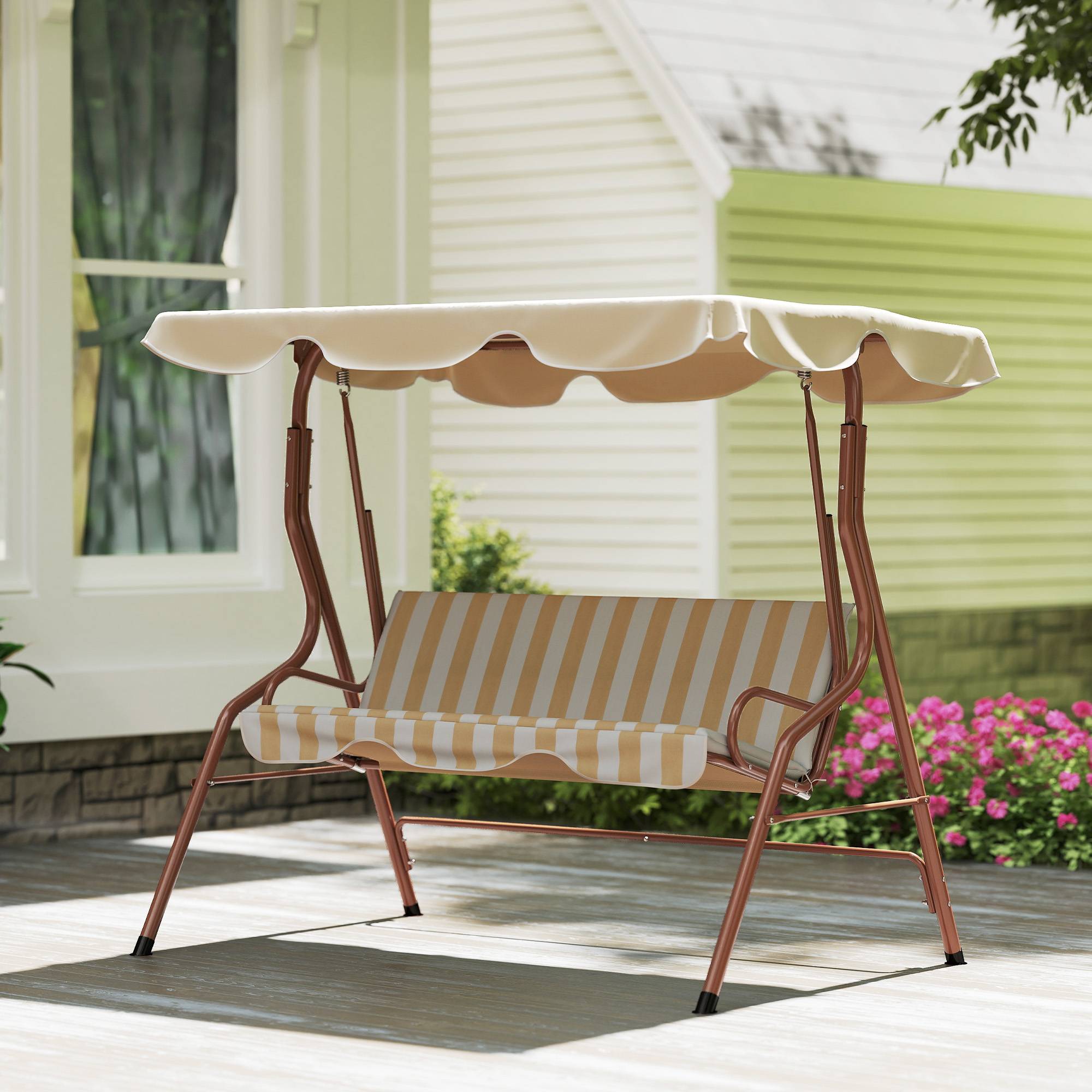 Balancelle de Jardin 3 Places Métal Terrasse Toit Inclinable Marron - ComfortXL Outdoor Living - Image 9