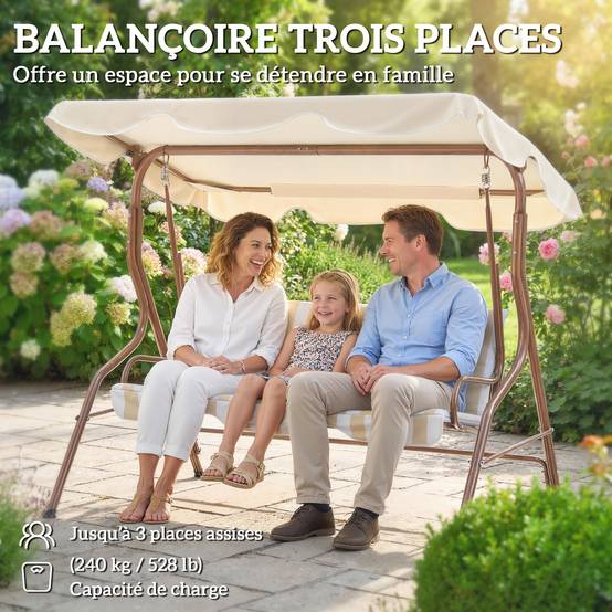 Balancelle de Jardin 3 Places Métal Terrasse Toit Inclinable Marron - ComfortXL Outdoor Living - Image 8