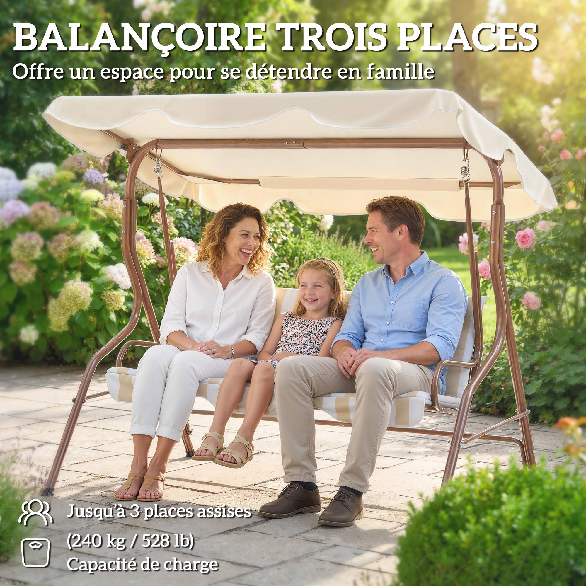 Balancelle de Jardin 3 Places Métal Terrasse Toit Inclinable Marron - ComfortXL Outdoor Living - Image 8