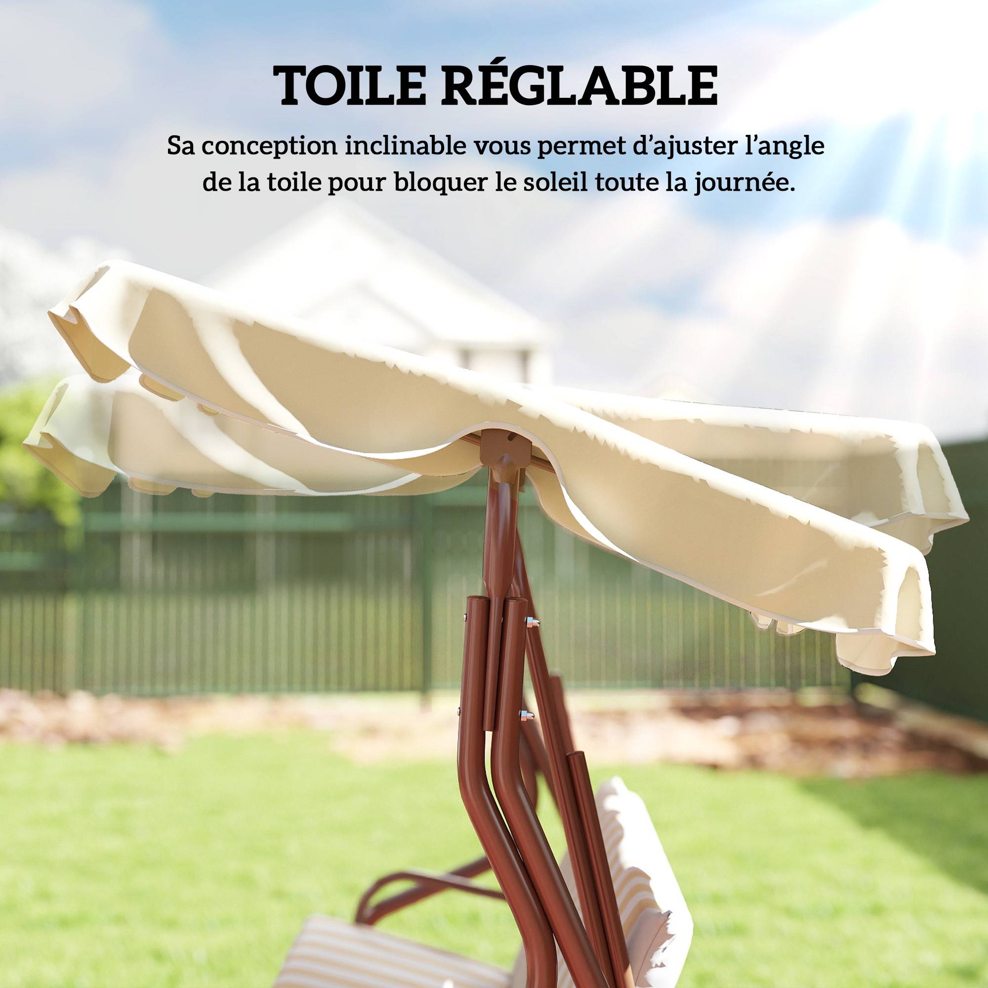 Balancelle de Jardin 3 Places Métal Terrasse Toit Inclinable Marron - ComfortXL Outdoor Living - Image 6