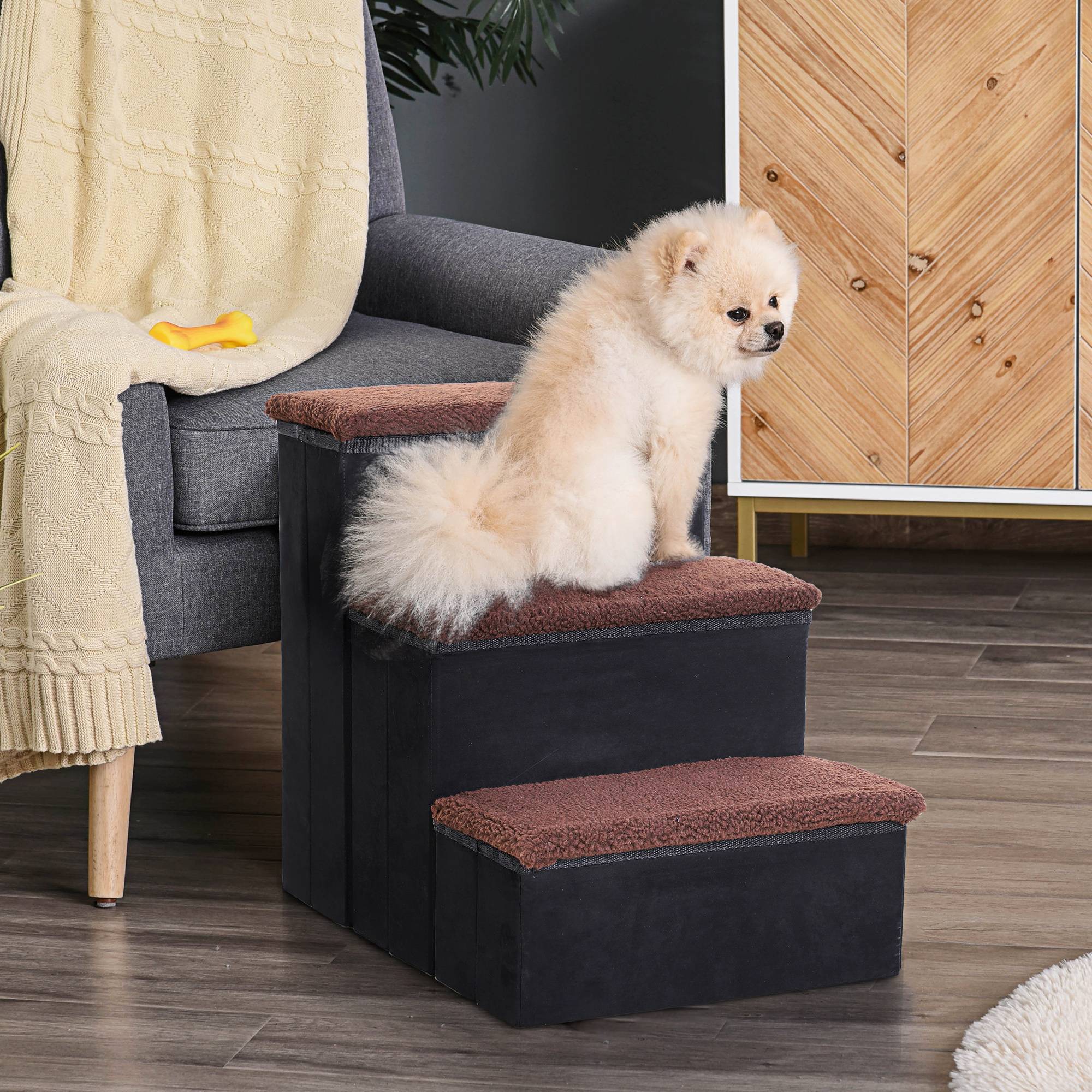 ComfortXL - Escalier pour chien pliable MDF noir 40 x 54 x 48 cm 3 marches pour canapé lit voiture avec rangement - Image 1