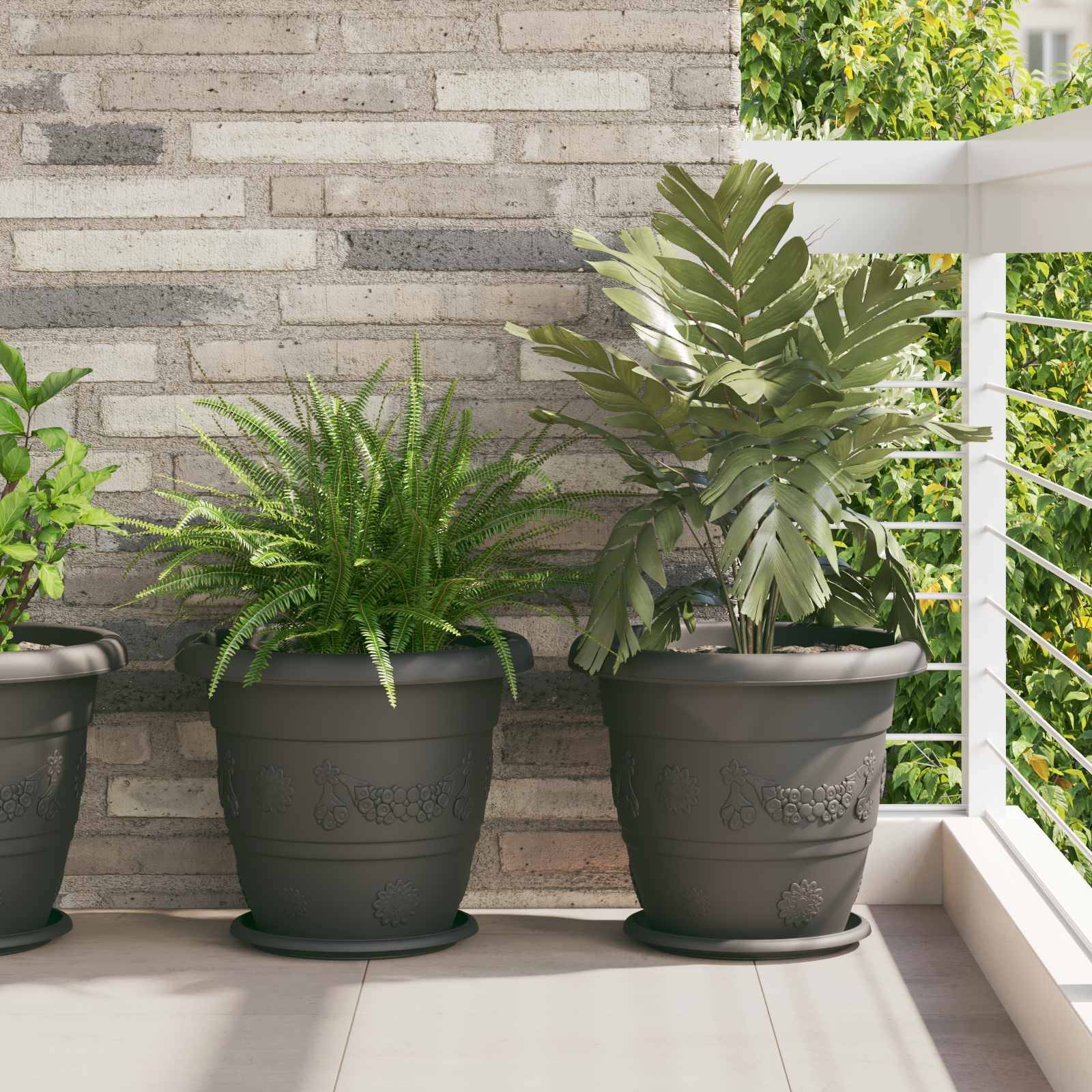 ComfortXL - Lot de 6 Grands Pots de Fleurs Ronds Plastique Extérieur avec Drainage 39x32 cm Noir - ComfortXL Outdoor Living