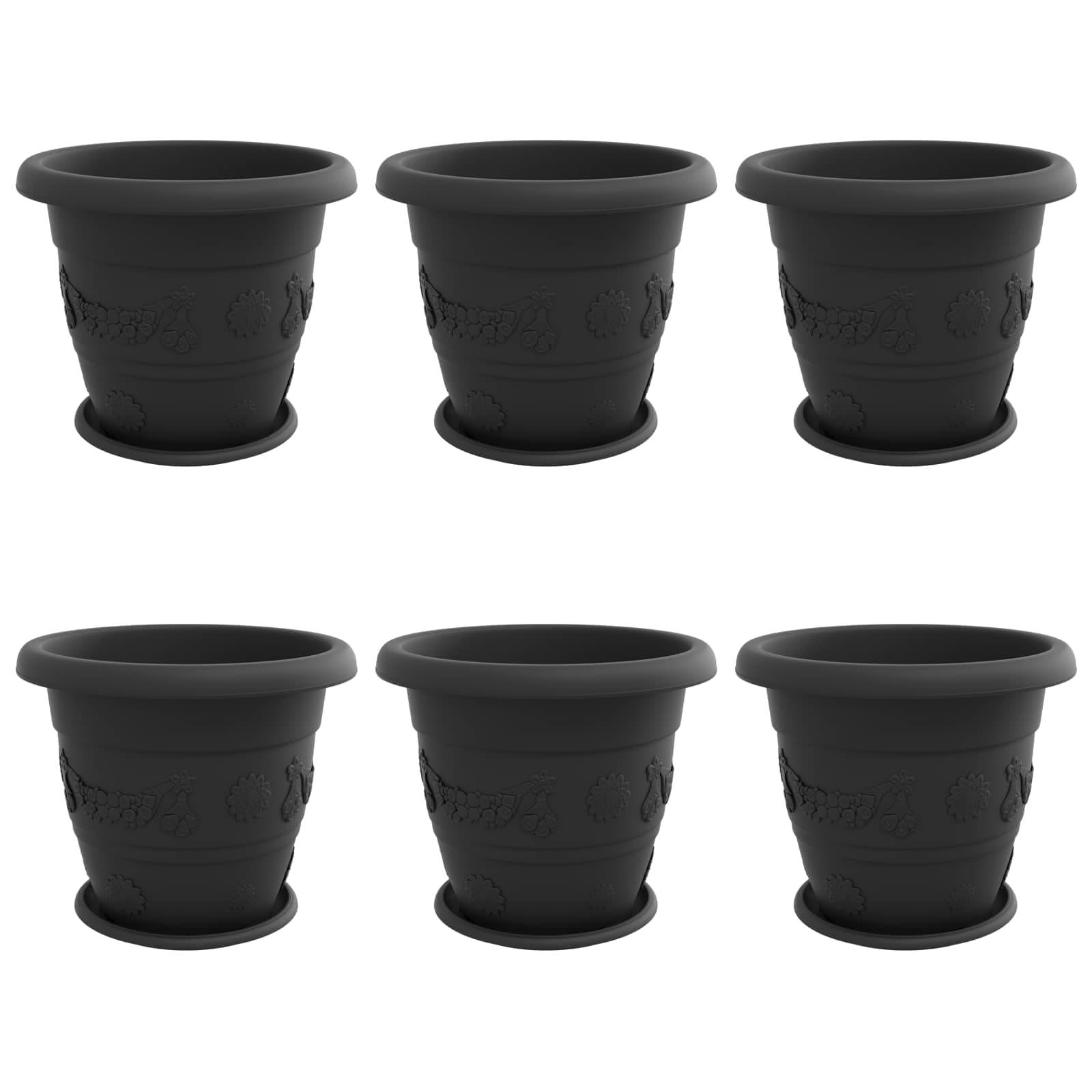ComfortXL - Lot de 6 Grands Pots de Fleurs Ronds Plastique Extérieur avec Drainage 39x32 cm Noir - ComfortXL Outdoor Living - Image 2
