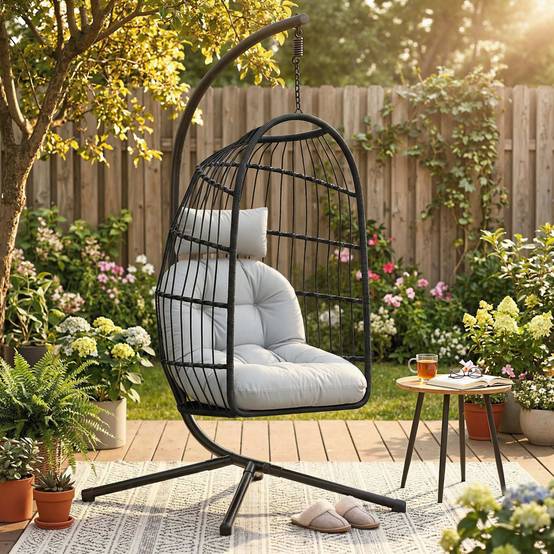 Chaise suspendue rotin pliable avec cadre, coussin, ceinture de sécurité, hauteur réglable - Image 2