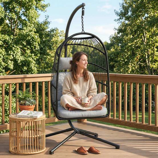 Chaise suspendue rotin pliable avec cadre, coussin, ceinture de sécurité, hauteur réglable - Image 8
