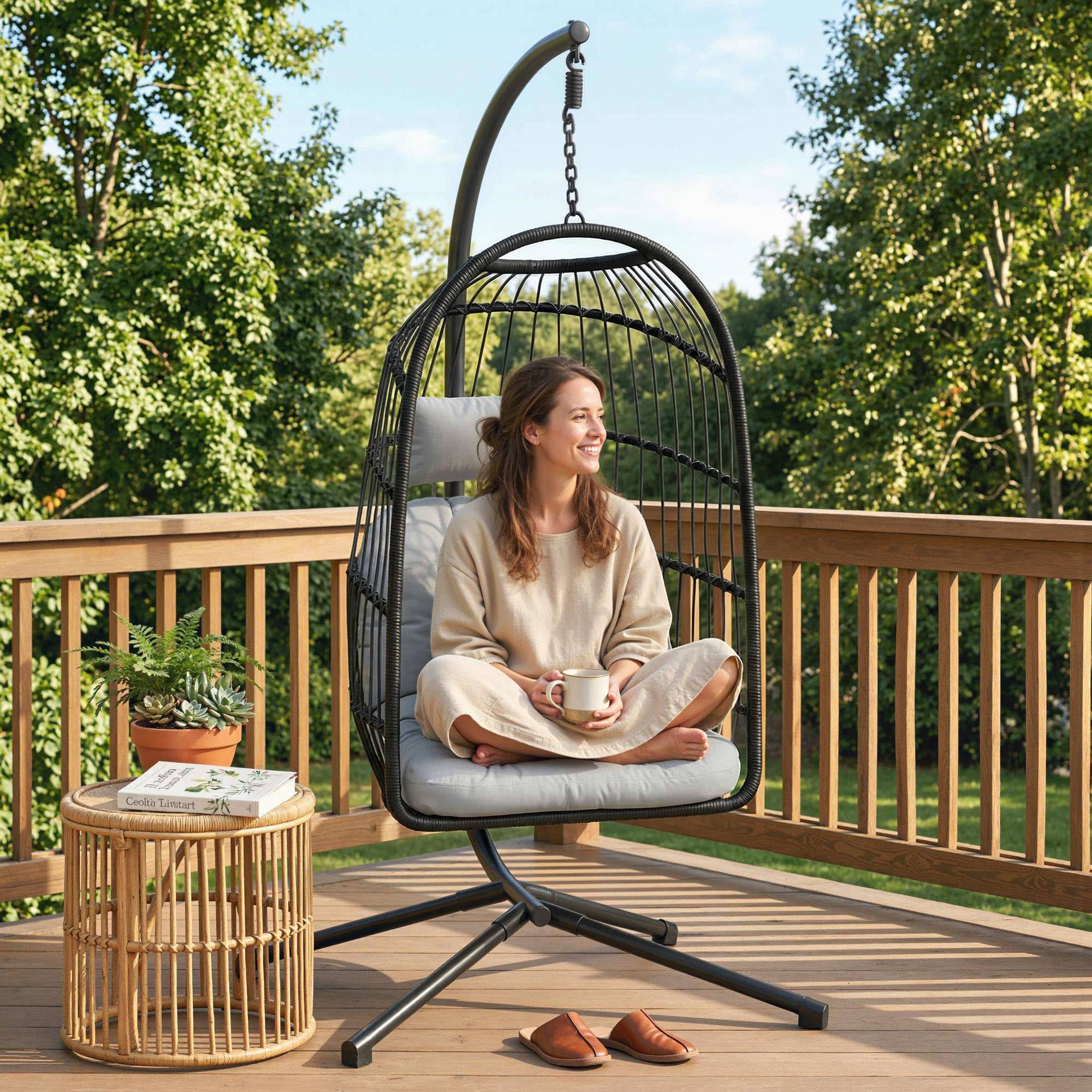 Chaise suspendue rotin pliable avec cadre, coussin, ceinture de sécurité, hauteur réglable - Image 8