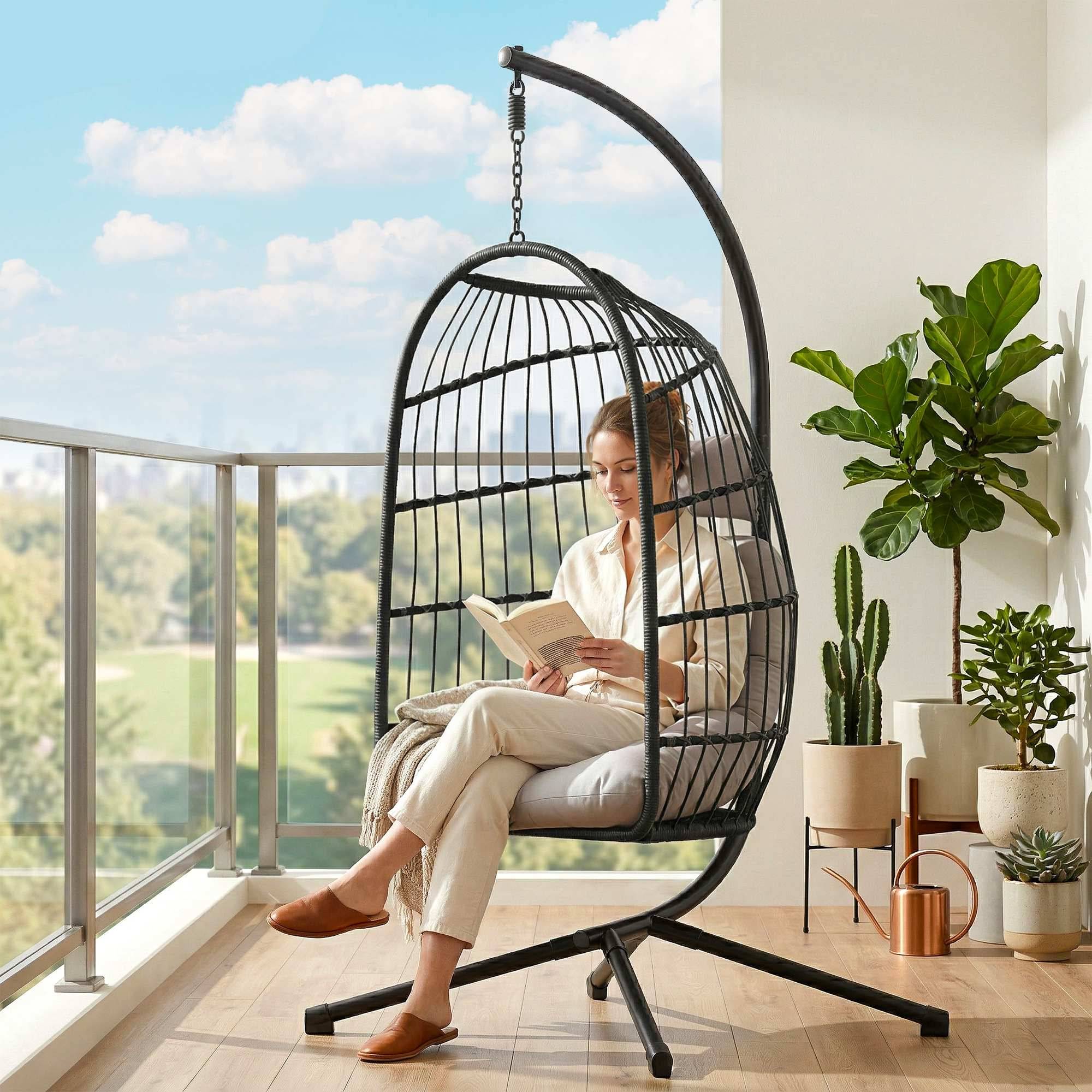 Chaise suspendue rotin pliable avec cadre, coussin, ceinture de sécurité, hauteur réglable - Image 9