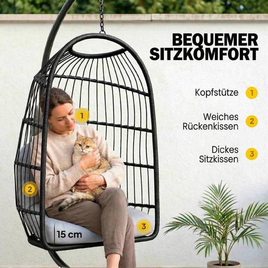 Chaise suspendue rotin pliable avec cadre, coussin, ceinture de sécurité, hauteur réglable - Image 6