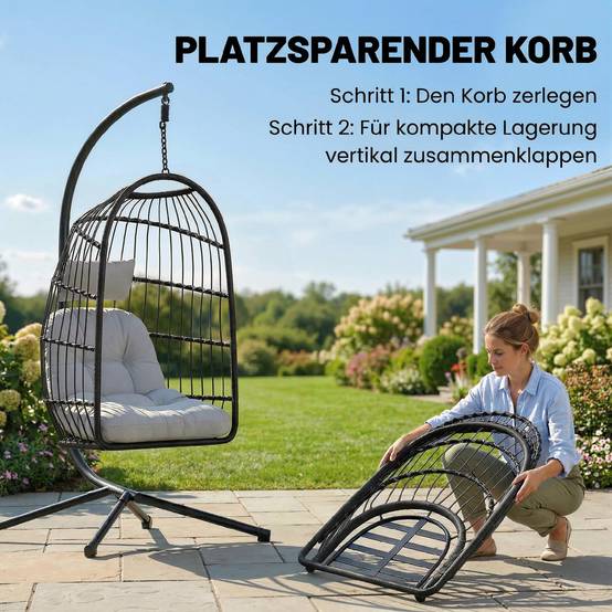 Chaise suspendue rotin pliable avec cadre, coussin, ceinture de sécurité, hauteur réglable - Image 5