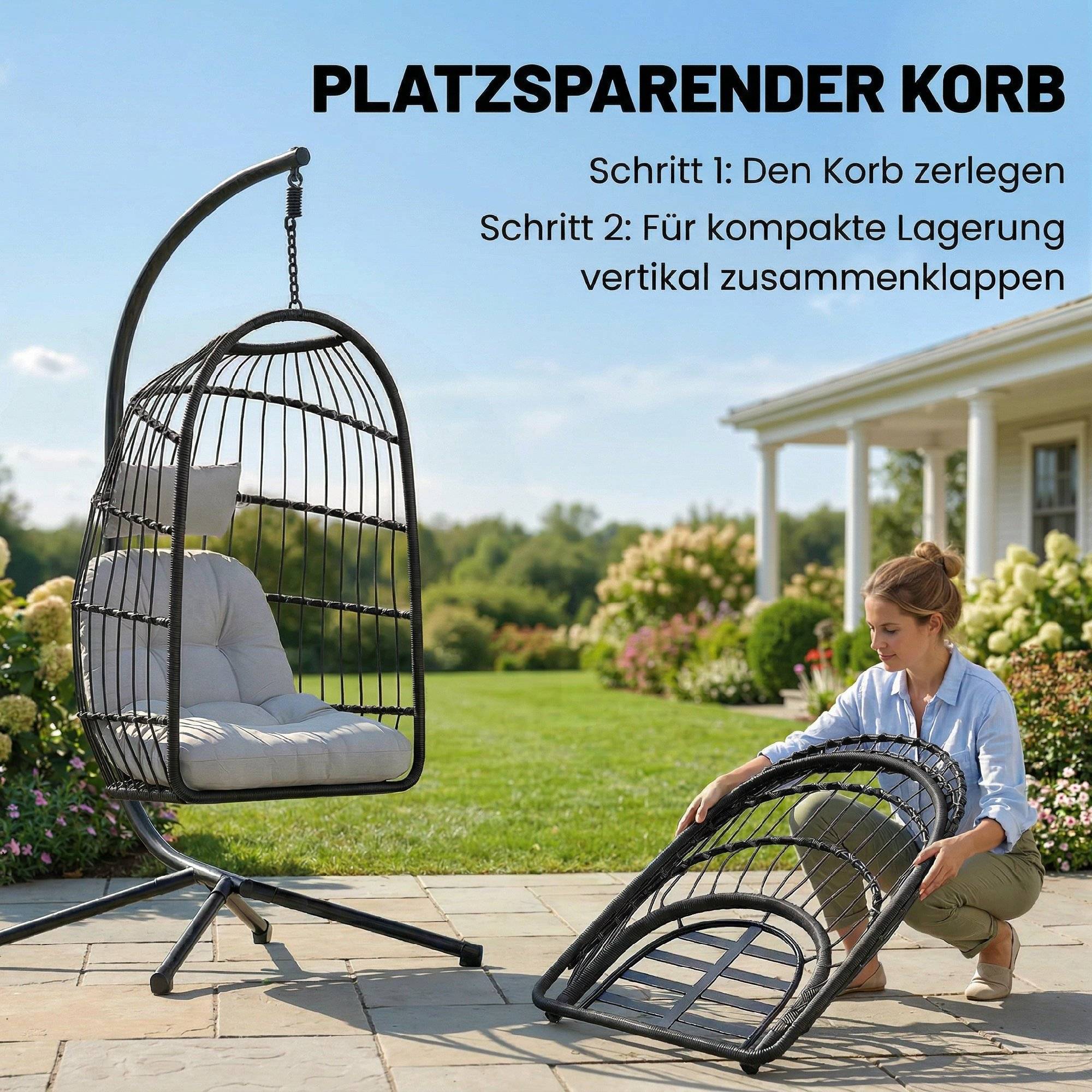 Chaise suspendue rotin pliable avec cadre, coussin, ceinture de sécurité, hauteur réglable - Image 5