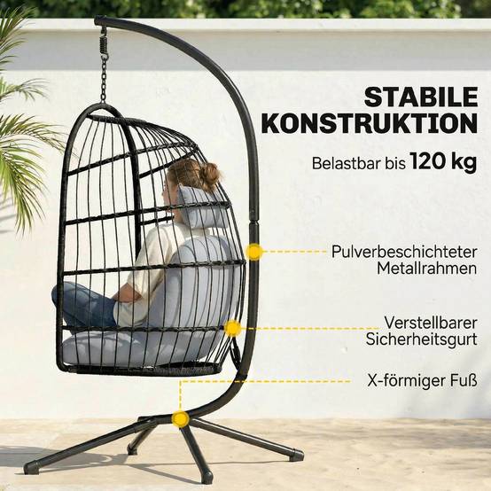Chaise suspendue rotin pliable avec cadre, coussin, ceinture de sécurité, hauteur réglable - Image 4