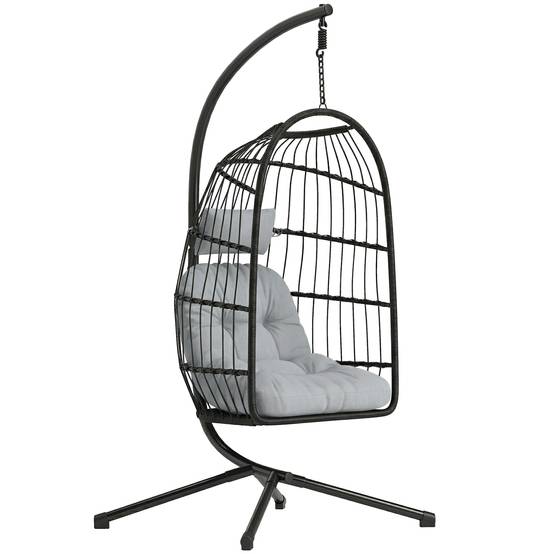 Chaise suspendue rotin pliable avec cadre, coussin, ceinture de sécurité, hauteur réglable - Image 1