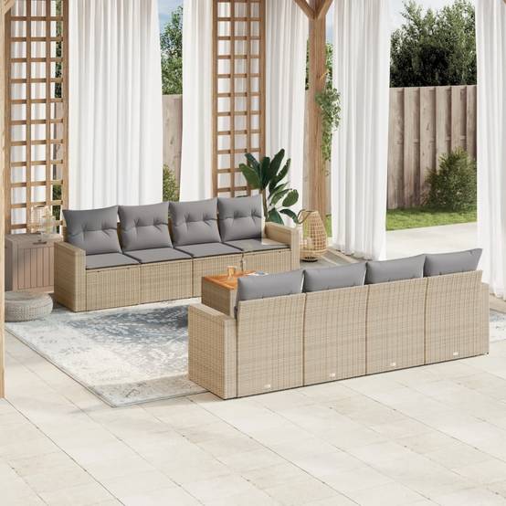 Salon de jardin 8 personnes résine tressée avec table en bois pour patio extérieur Beige et Gris Clair - ComfortXL Outdoor Living - Image 1