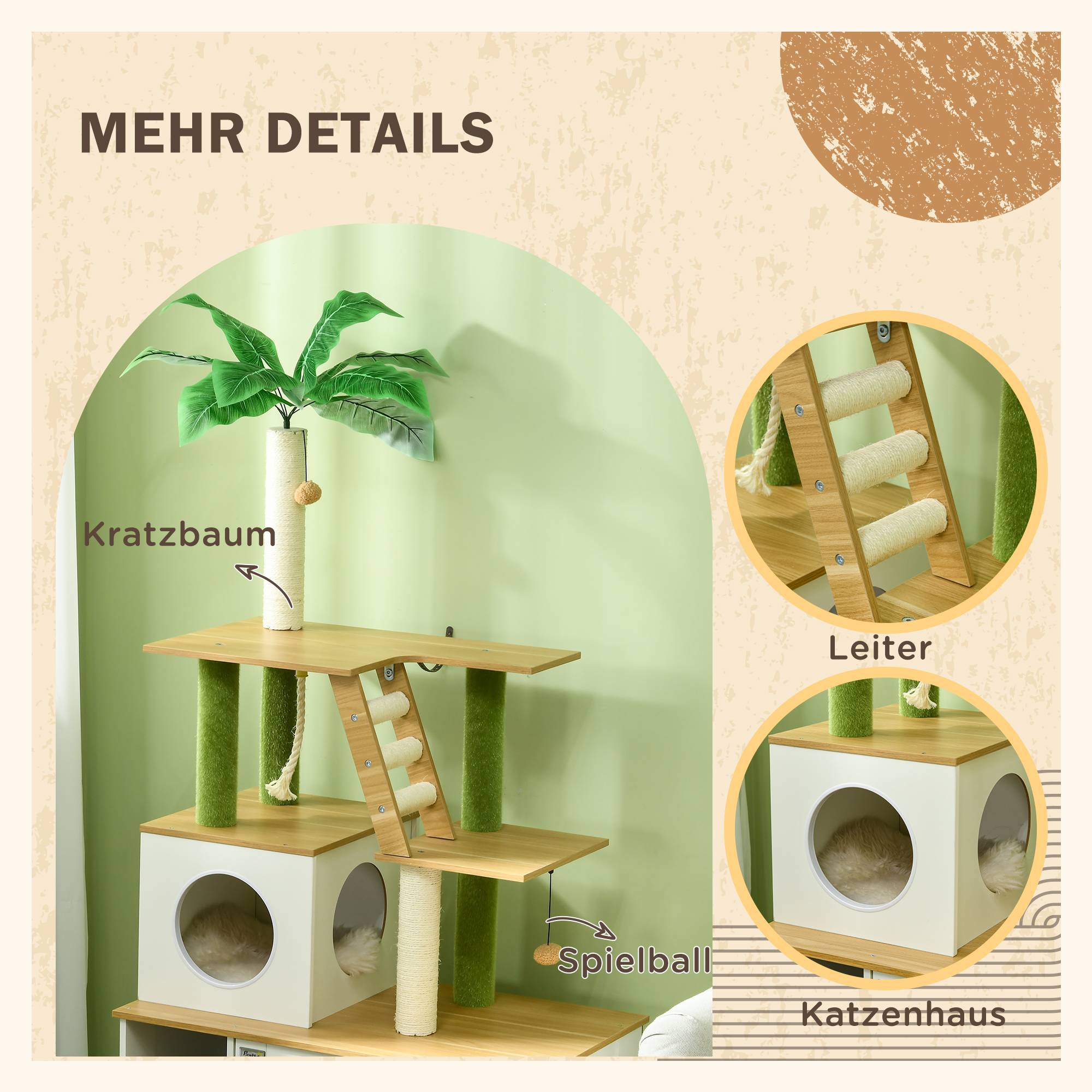 Arbre à chat avec armoire, 1 niche, 80x48x160 cm, 1 échelle, chêne+blanc - Image 7