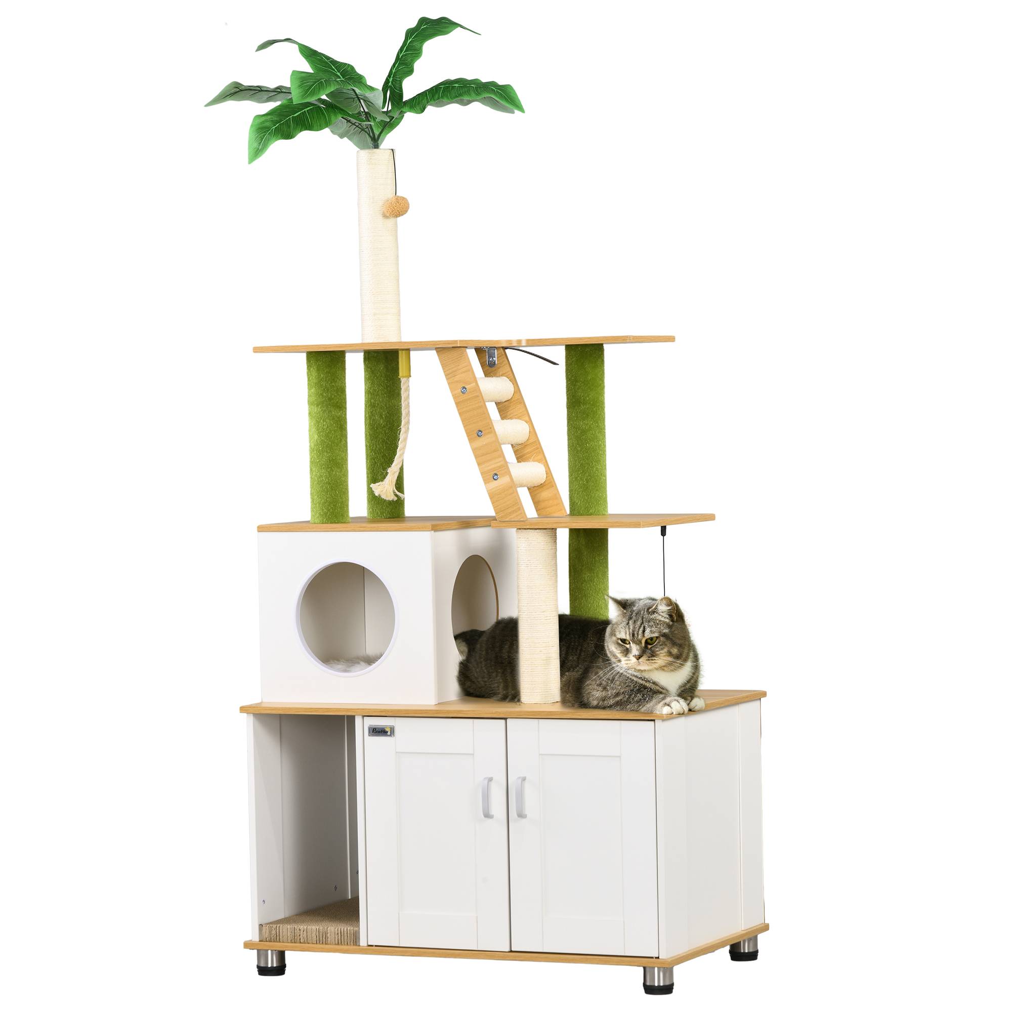 Arbre à chat avec armoire, 1 niche, 80x48x160 cm, 1 échelle, chêne+blanc - Image 1