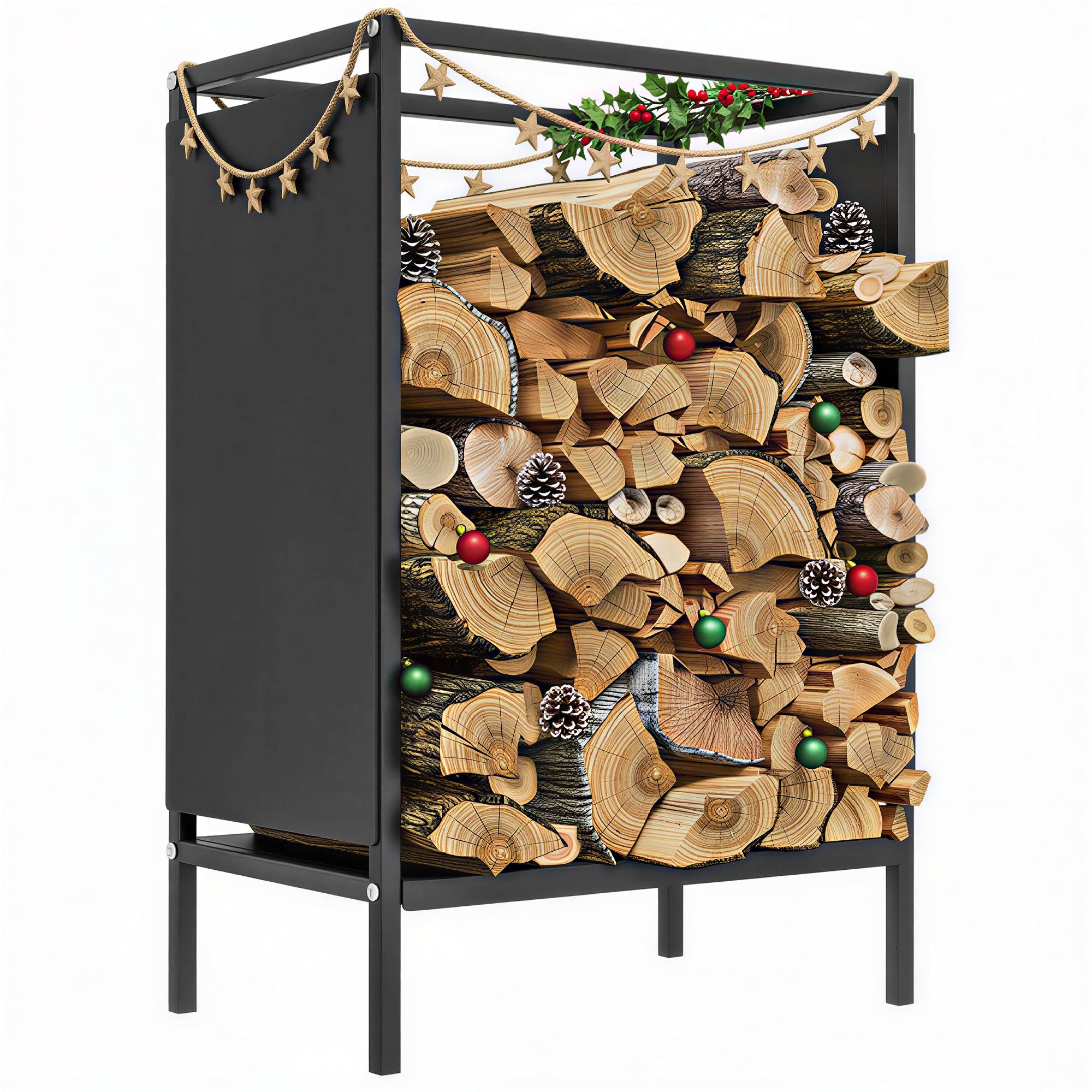 Range bûche interieur porte bûche de cheminée support de bois de chauffage pour intérieur extérieur 44x28x65 cm noir - Image 1