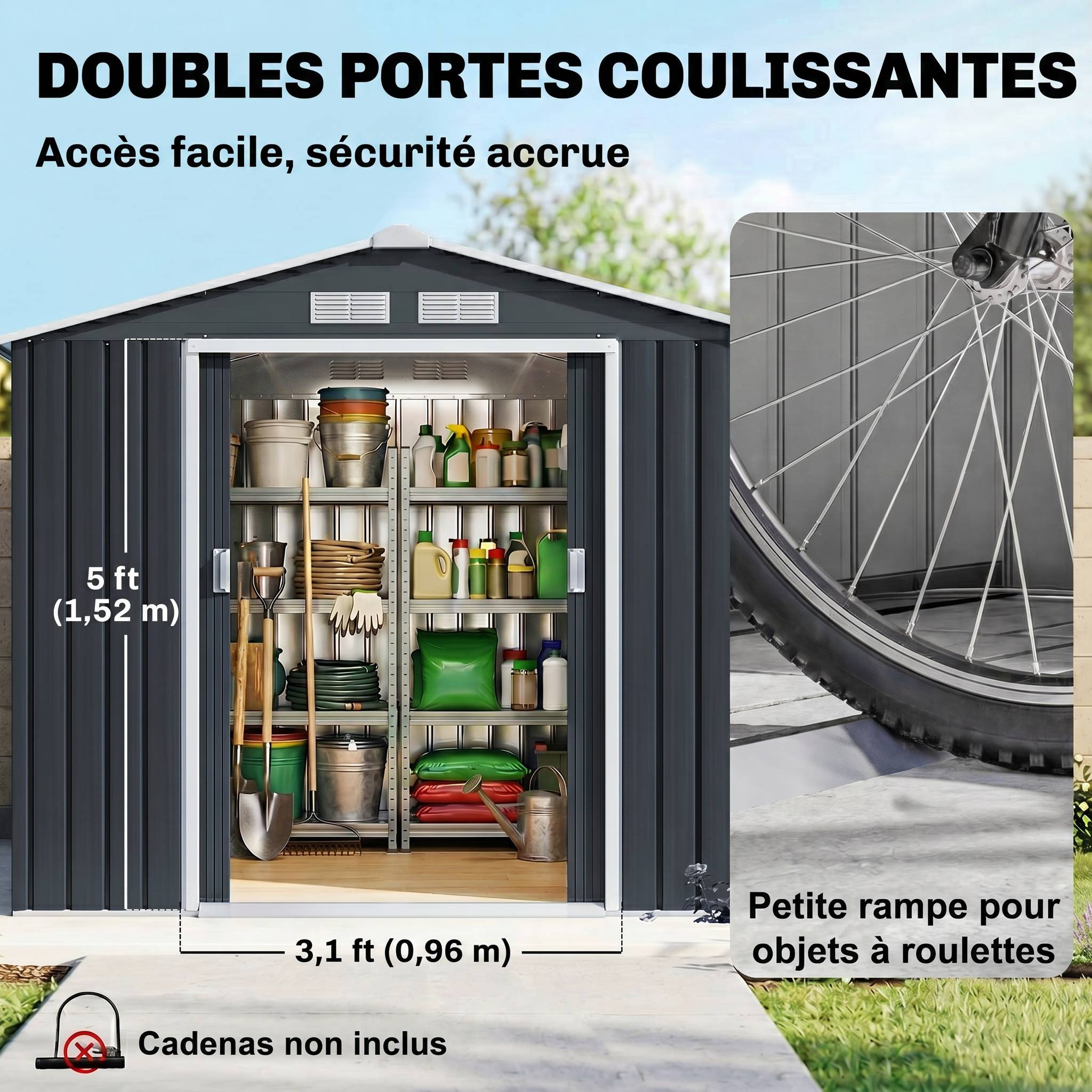 Abri de Jardin 2,77 m² - Remise pour Outils avec Fondation - cabanon Porte verrouillable - tôle d'acier Gris - Image 6