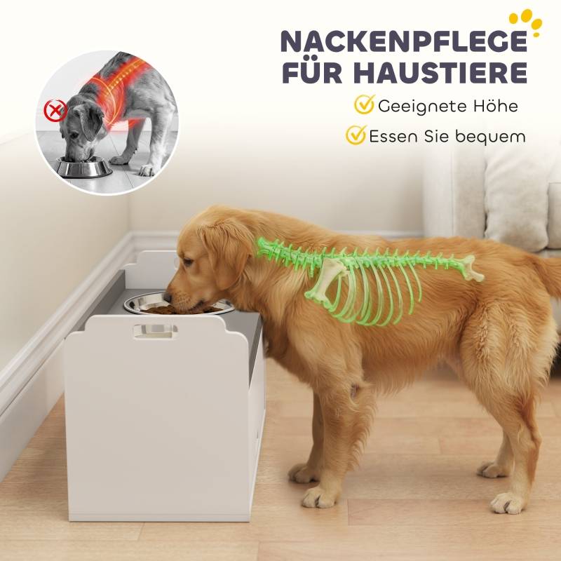 Gamelle Élevée pour Chien avec Rangement, 2 Bols en Acier Inoxydable avec Anneaux Antidérapants, 60 x 30 x 35.5 cm, Blanc - PANGIVO - Image 5