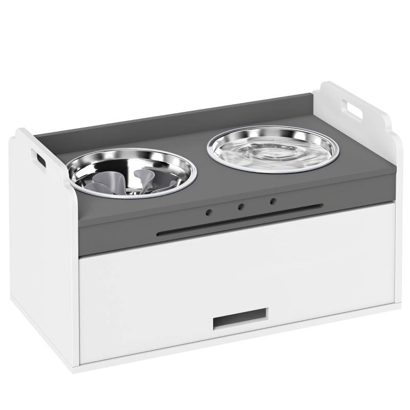 Gamelle Élevée pour Chien avec Rangement, 2 Bols en Acier Inoxydable avec Anneaux Antidérapants, 60 x 30 x 35.5 cm, Blanc - PANGIVO - Image 1