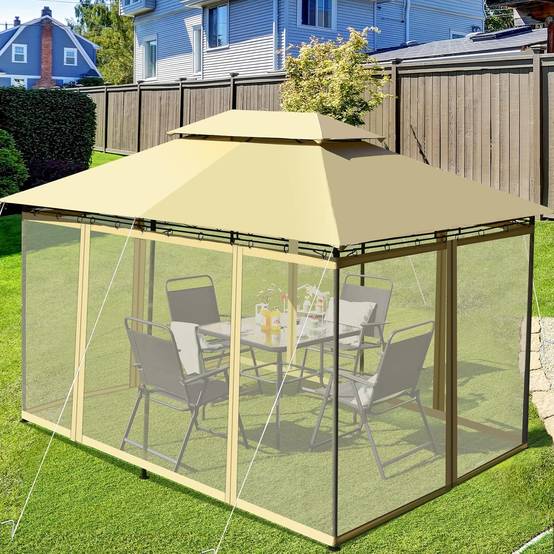 Tonnelle de Jardin Pergola 3,9 x 2,9 x 2,7 M Moustiquaires Amovibles 6 Parois Structure Acier Beige - Image 2