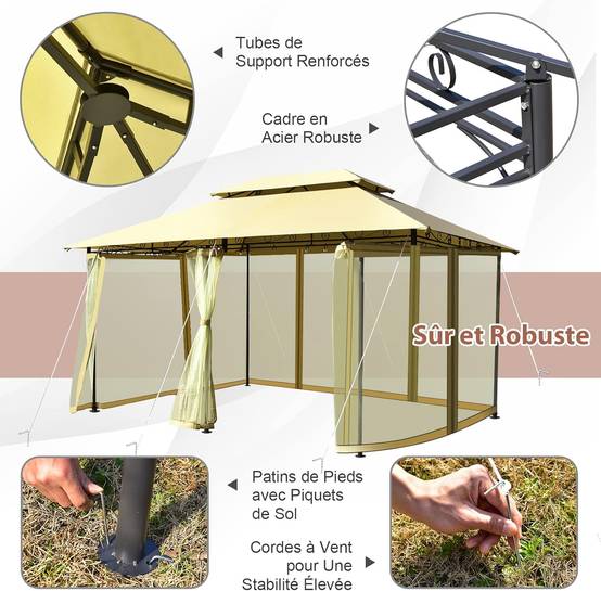 Tonnelle de Jardin Pergola 3,9 x 2,9 x 2,7 M Moustiquaires Amovibles 6 Parois Structure Acier Beige - Image 5