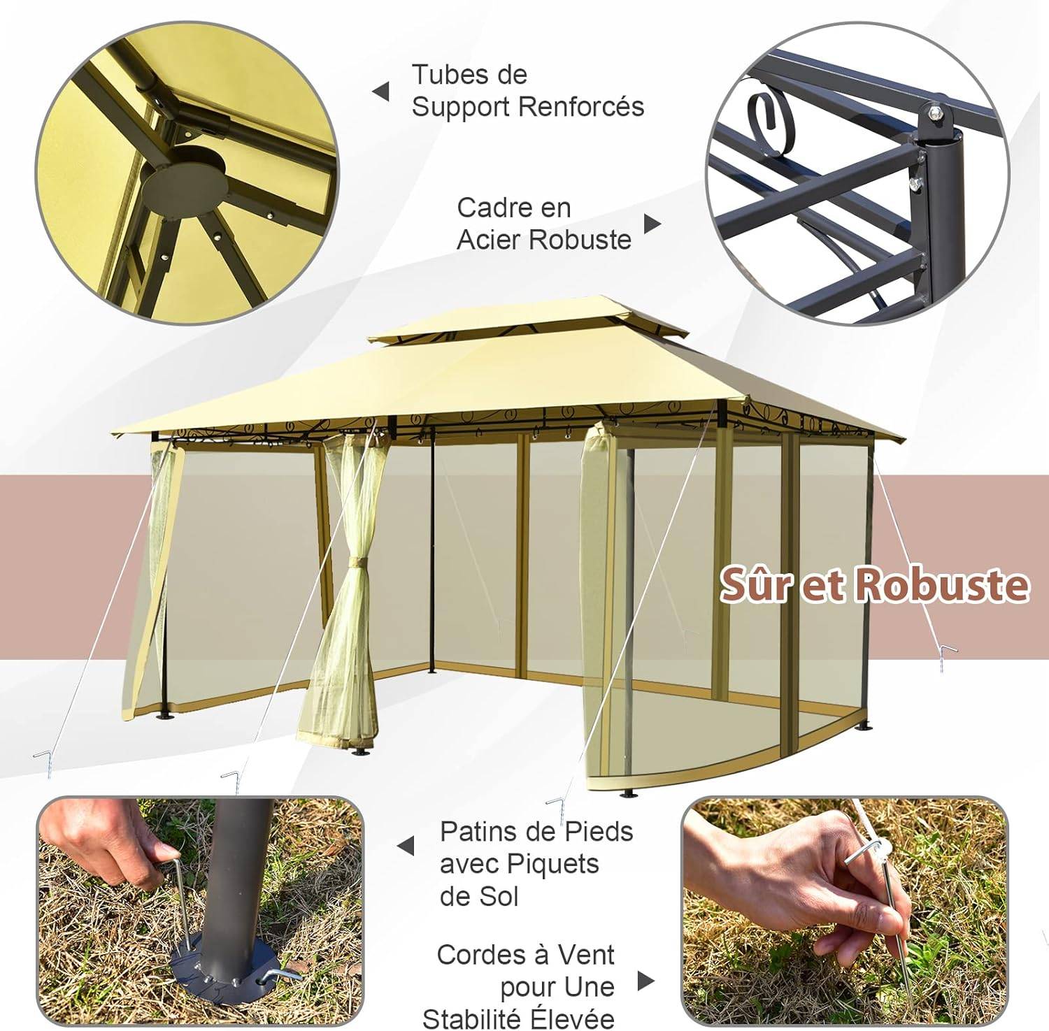 Tonnelle de Jardin Pergola 3,9 x 2,9 x 2,7 M Moustiquaires Amovibles 6 Parois Structure Acier Beige - Image 5